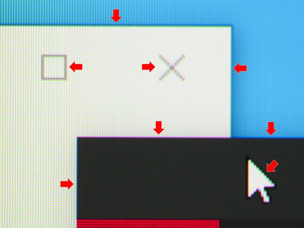 Des lignes rose/vert sont présentes sur les textes et caractères fins comme les bordures d'interfaces.