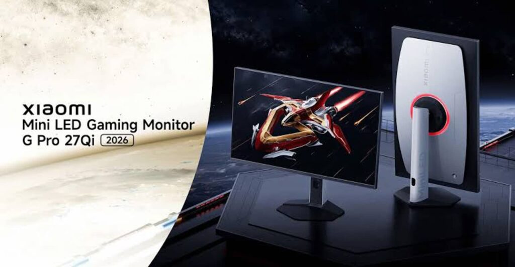 Promotional banner for Xiaomi Mini LED Gaming Monitor G Pro 27Qi (2026) with a curved monitor and desktop setup against a space/planet backdrop.