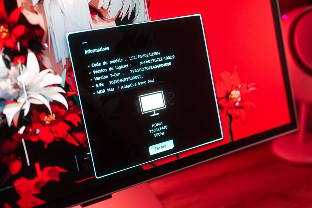 Monitor displays a neon-outlined info panel with model, software and HDMI specs, and a 'Fermer' button in red-lit surroundings.