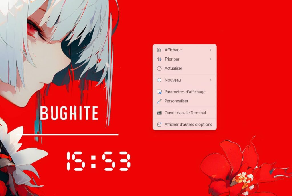 Red wallpaper featuring a pale-haired anime character on the left, the word BUGHITE, a digital clock reading 15:53, and a floating French context menu on the right.
