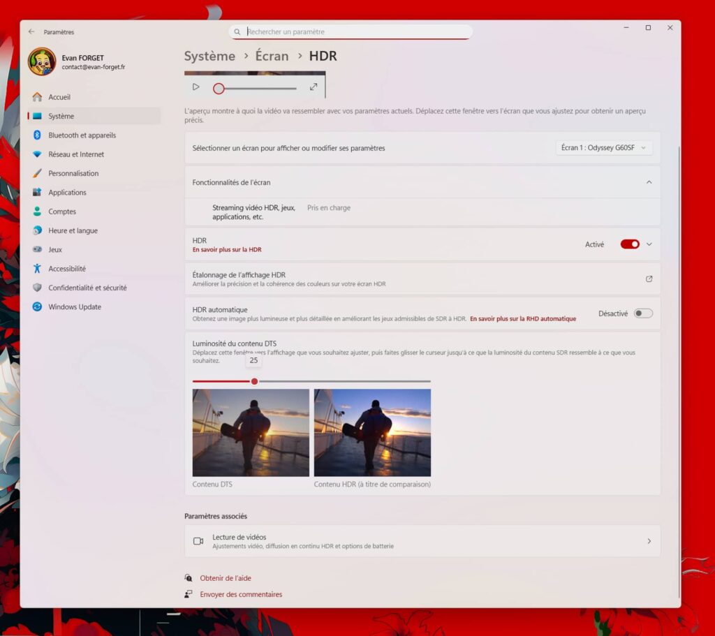 Capture d'écran des paramètres Système > Écran > HDR sous Windows: options HDR, étalonnage des couleurs, luminosité, et deux vignettes de contenu HDR pour comparaison.