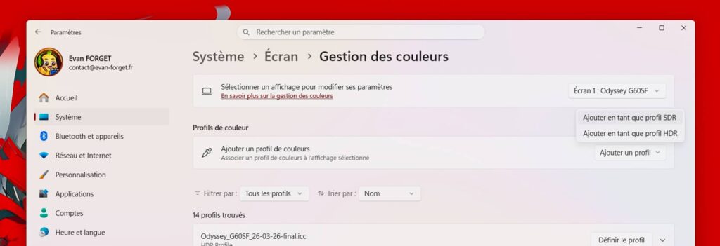 Écran des paramètres: Système > Écran > Gestion des couleurs avec profils de couleur et bouton Ajouter un profil de couleurs (Français).
