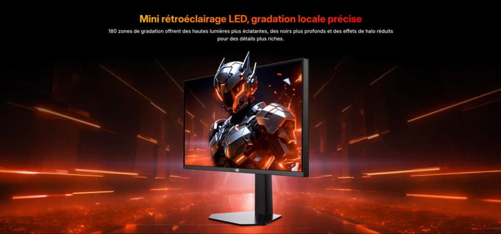 Gaming monitor on a stand displaying a futuristic armored robot with orange glow on screen