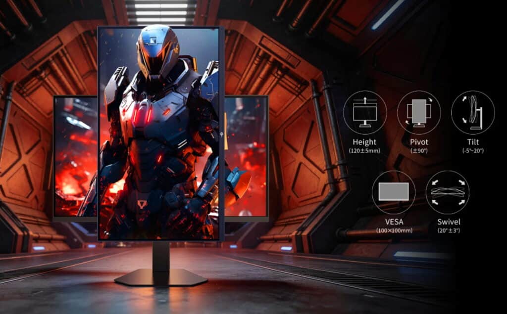 Curved monitor on a stand displaying a sci-fi armored figure, with on-screen icons for height, pivot, tilt, VESA, and swivel settings to the right.