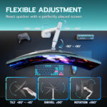 Infographic of a curved monitor on an adjustable arm showing tilt ±80°, swivel ±90°, and rotation ±180° for flexible positioning.