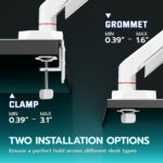 Industrial clamp mechanism with white arms and screws, presenting two installation options for desk mounts; infographic-style image with brand text and dimensions.