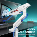 White robotic arm managing blue cables attached to a monitor in a modern lab, caption 'Hidden Cable Routing'.