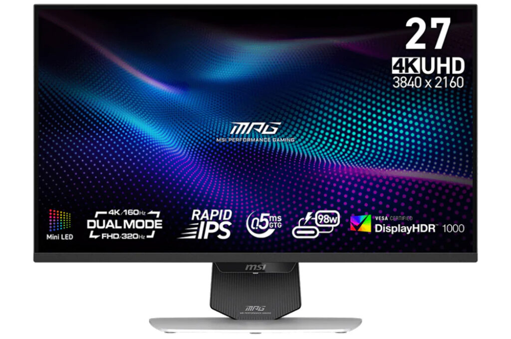 27-inch MSI gaming monitor displaying vivid abstract wallpaper; labeled 4K UHD 3840x2160 and Mini LED on screen corners
