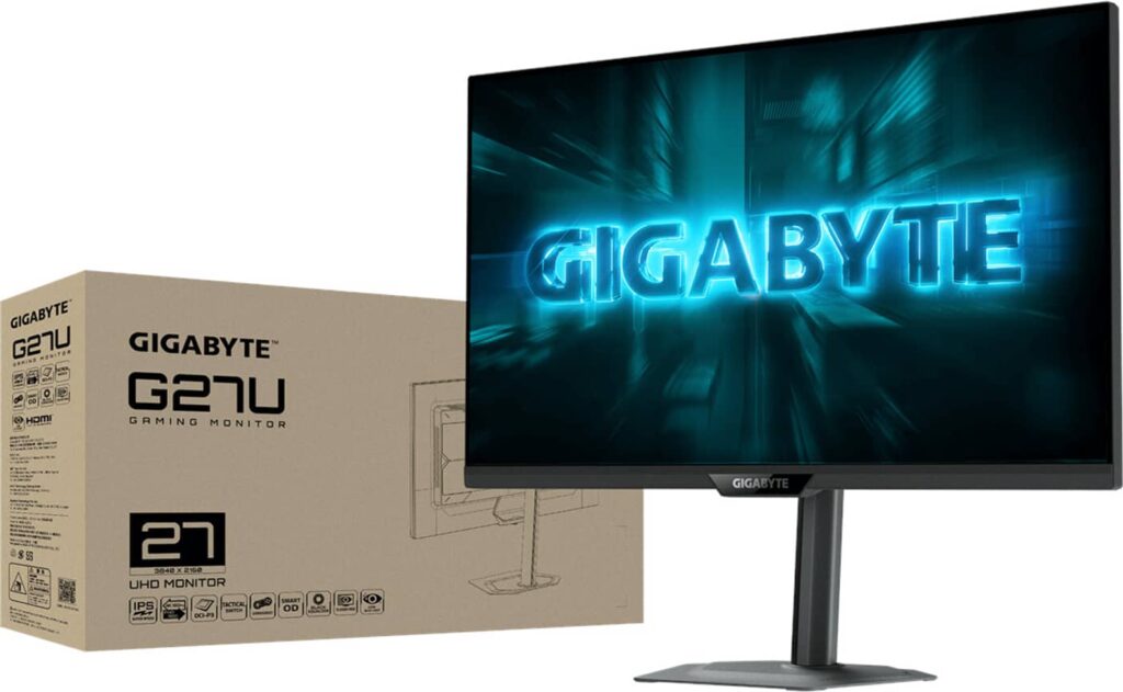 Gigabyte G27U gaming monitor on a stand beside its cardboard box with GIGABYTE logo.
