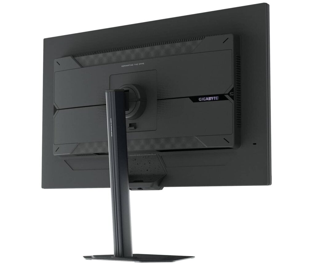 Rear view of a Gigabyte monitor mounted on a dark stand.