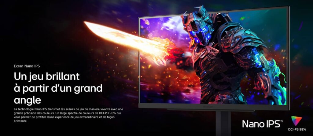 Large gaming monitor displaying a neon knight battle; left-side French headline about wide angle viewing and Nano IPS branding bottom-right.