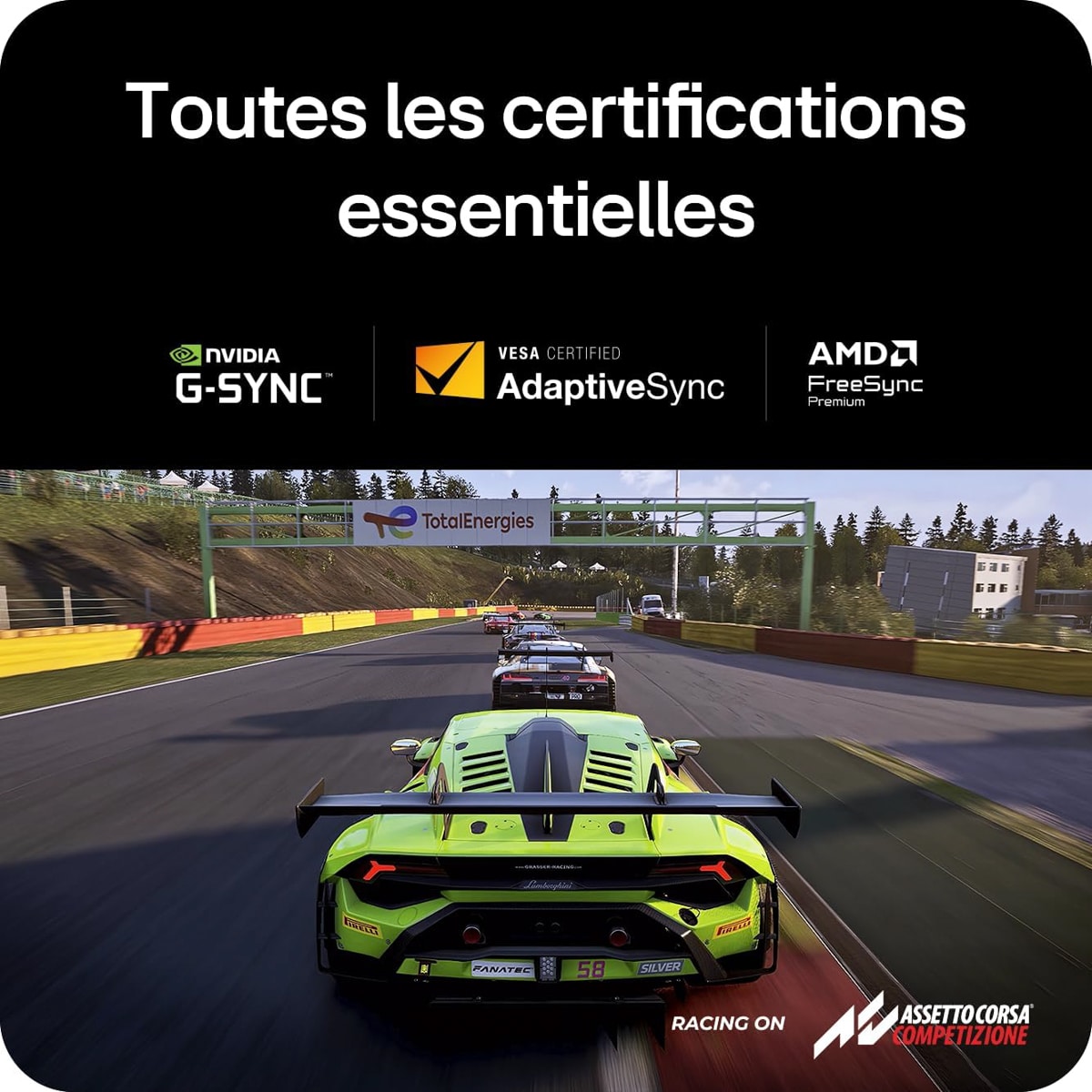 Banner announcing essential certifications (G-SYNC, AdaptiveSync, FreeSync) above a race-car scene on a track in Assetto Corsa Competizione; black banner with white text and logos.