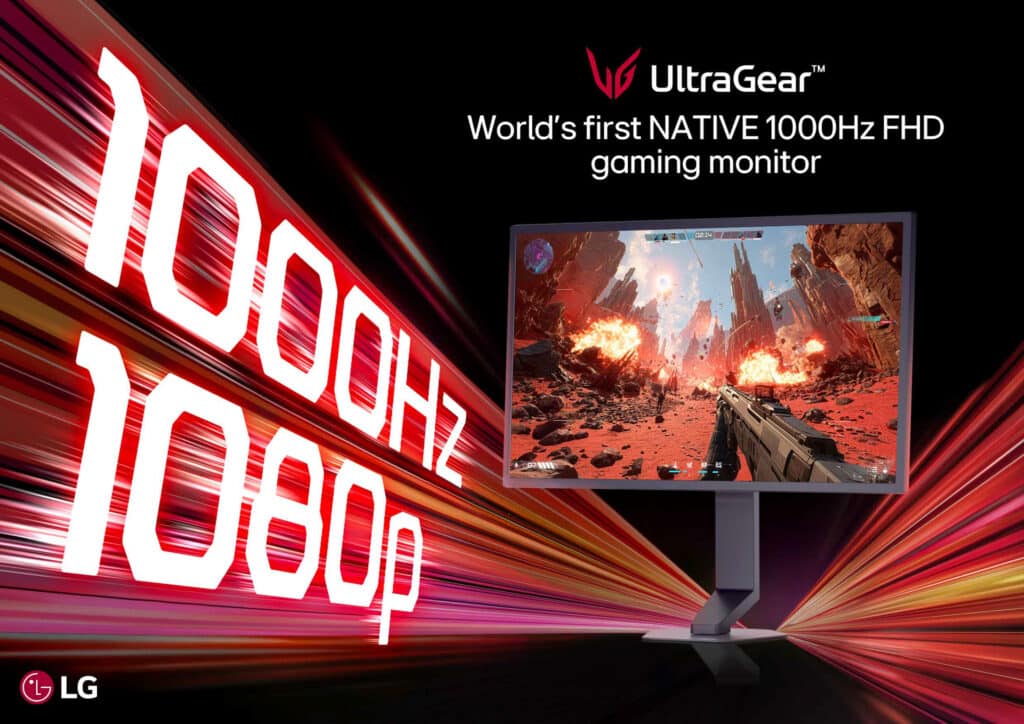 LG UltraGear banner with a curved monitor showing a fiery game scene and bold “1000Hz” text sweeping across the left side; LG logo bottom left.