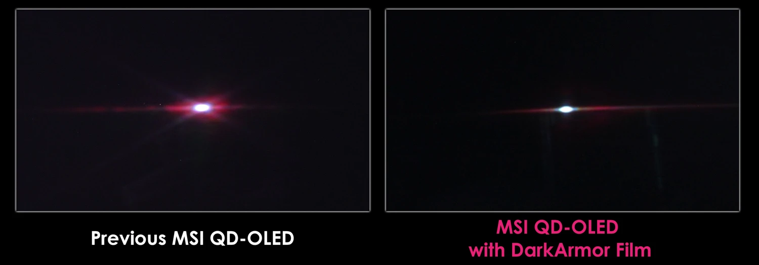Side-by-side comparison of two MSI QD-OLED displays: left shows the previous panel with a bright red flare, right shows MSI QD-OLED with DarkArmor Film and a similar white flare.