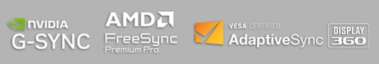Logos of NVIDIA G-SYNC, AMD FreeSync Premium Pro, VESA AdaptiveSync, and Display 360 on a gray background.