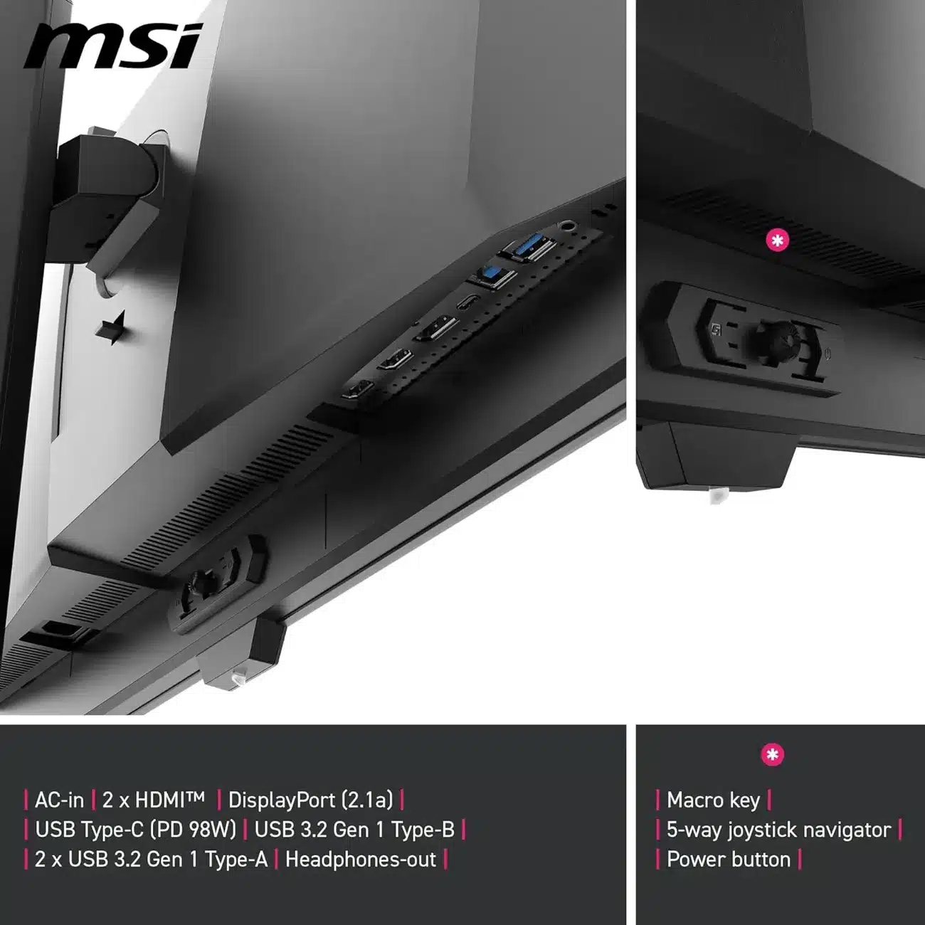 MSI monitor rear showing I/O panel: AC-in, 2×HDMI, DisplayPort 1.2a, USB-C PD 98W, USB 3.2 ports, headphones; macro key, 5‑way joystick navigator, and power button.