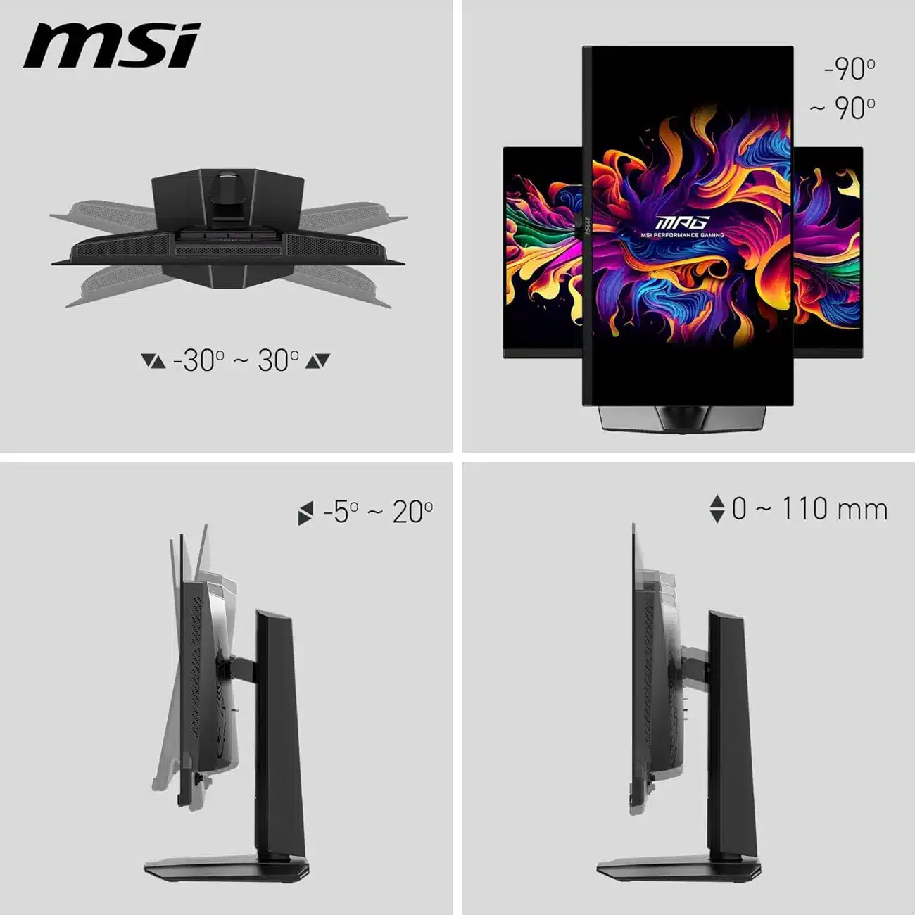 MSI logo with a central adjustable monitor mount showing a tilt range of -30° to 30° in a gray layout