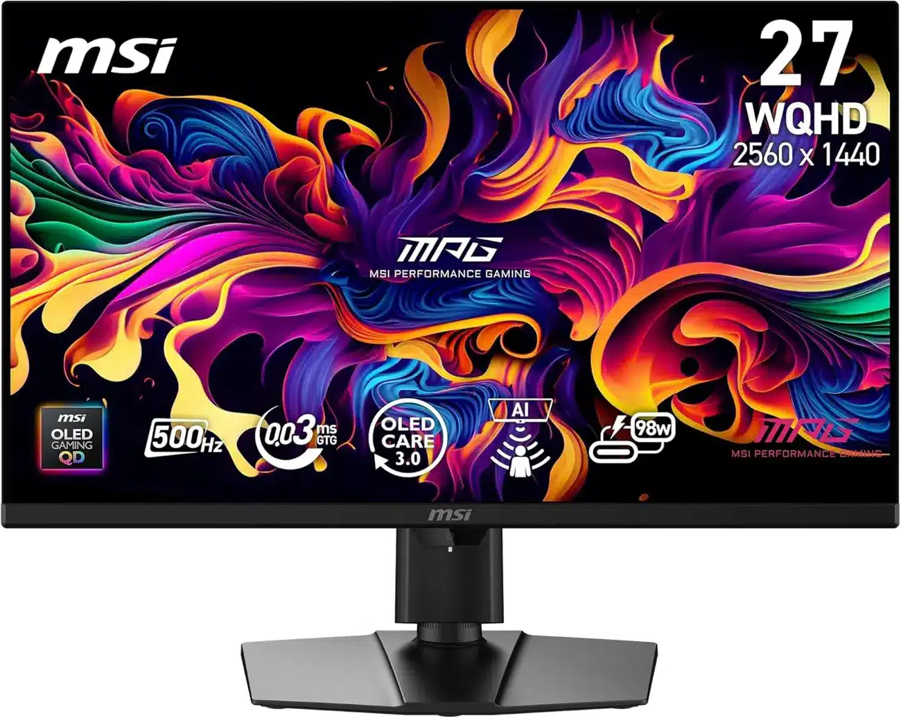 Front view of a 27-inch MSI MPG gaming monitor on a stand displaying a vibrant abstract wallpaper; on-screen text notes 27 WQHD (2560x1440) resolution and MSI branding.