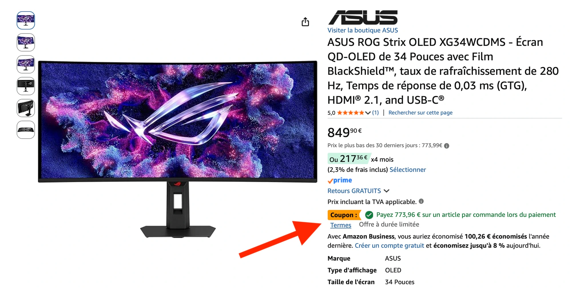 L'écran XG34WCDMS QD-OLED Gen 5 de ROG à son meilleur prix ! 14 Ecran ROG XG34WCDMS 34 pouces 21-9 280 Hz best top moniteur setup gaming pc immersion meilleur classement 2026 amazon RGB Stripe blackshield QD-OLED Gen 5 remise promo offre noixdecitron