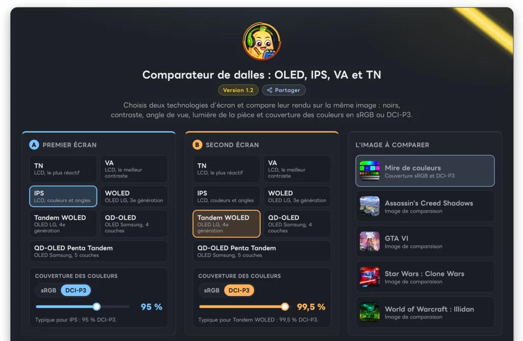 OLED, QD-OLED, IPS, VA : comprendre les types de dalles (comparateur de rendu) 1 Un outil gratuit de comparaison de dalles par noixdecitron, offrant la possibilité de comparer le rendu du TN, VA, IPS, WOLED, QD-OLED et Penta Tandem QD-OLED