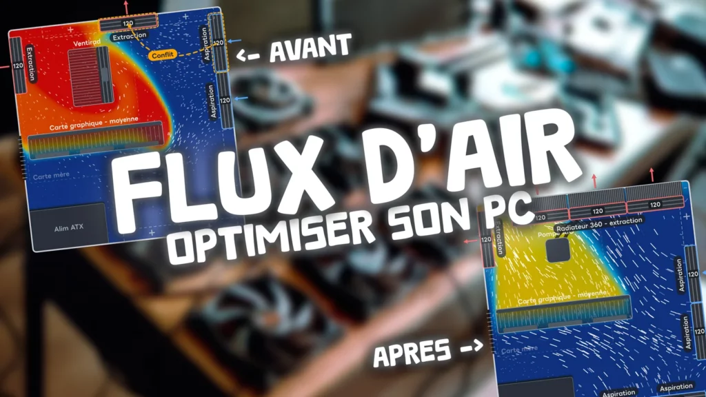 Simulateur de flux d’air PC montrant la carte thermique d’un boîtier avant et après optimisation des ventilateurs