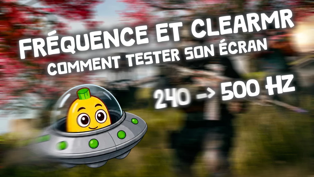 Teste le taux de rafraîchissement et le ClearMR de ton écran 1 Mascotte noixdecitron dans une soucoupe volante en mouvement, illustrant le test du taux de rafraîchissement d’un écran de 240 à 500 Hz